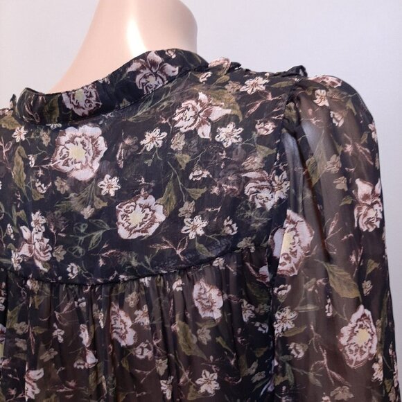 Zara Sheer Floral Blouse Womens Size Medium Black Long Sleeve Boho Peasant Top - Picture 14 of 16